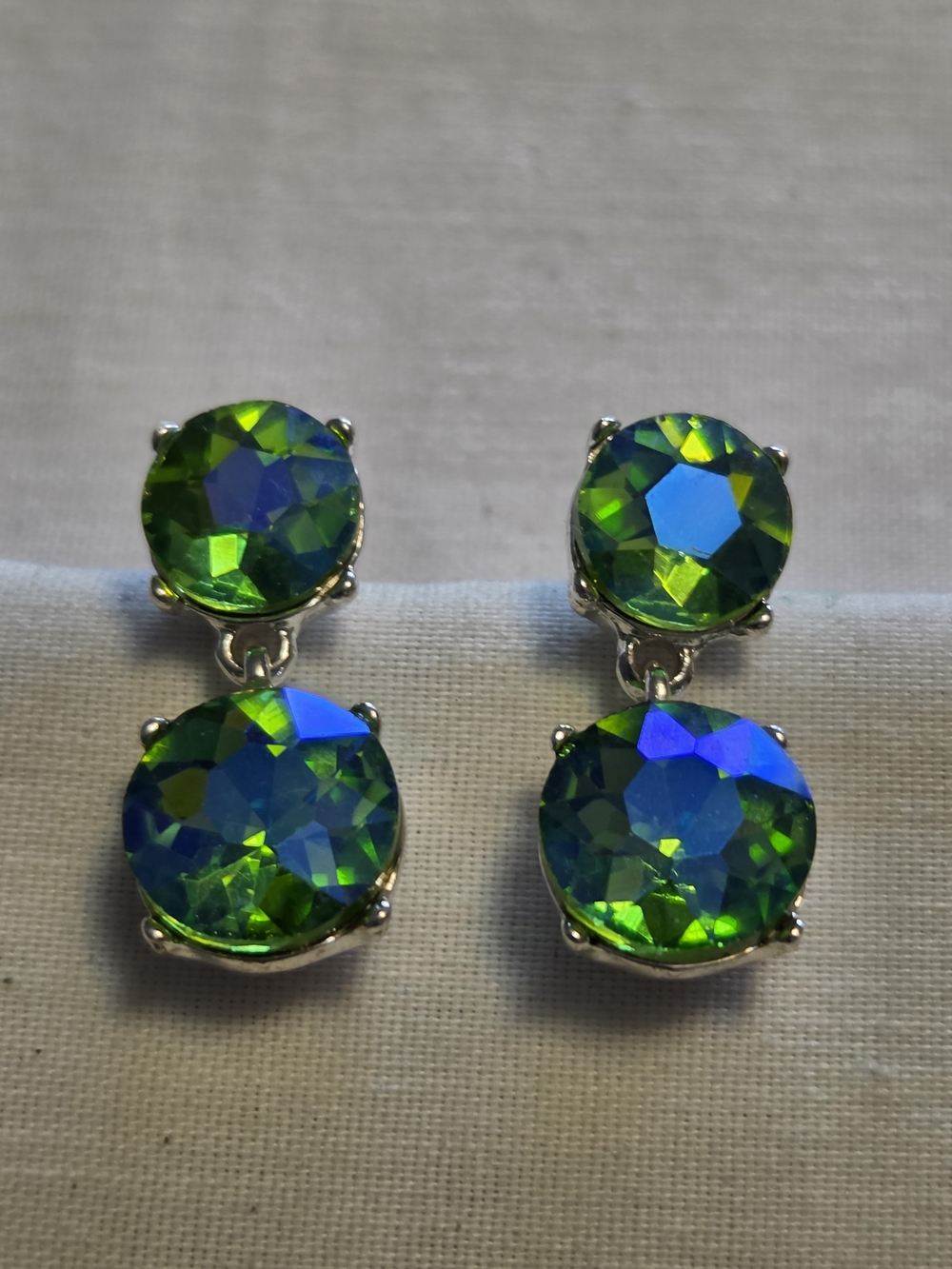 Vtg Monet Two Faceted Iridescent Rhinestone Drop Post Earrings
